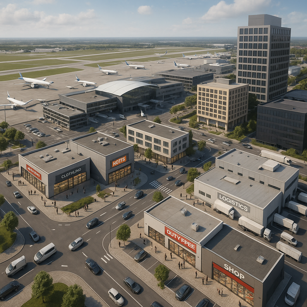 Port lotniczy jako miasto – sklepy, hotele, strefy biznesowe i logistyka.